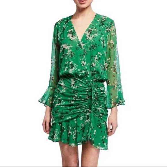 Veronica Beard Sean Floral-print Silk Dress Green Multi Ruched Bell Sleeves 8 - Picture 2 of 15